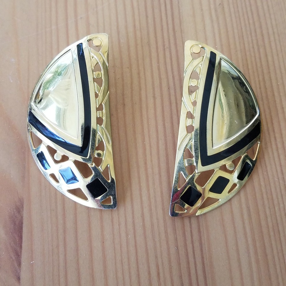 Edgar Berebi Crescent Earrings Gold Tone Black Enamel Vintage Studs Signed